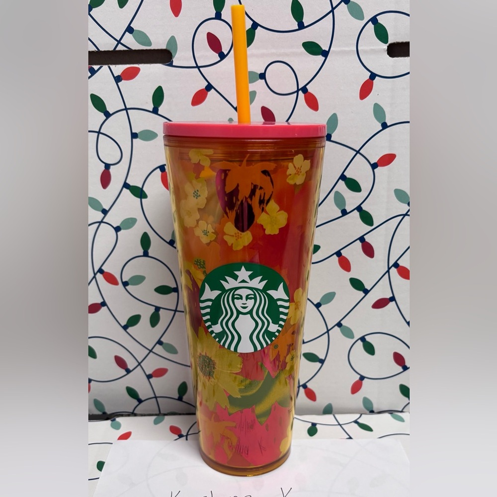 Starbucks Yellow Floral Tumbler with Pink Lid